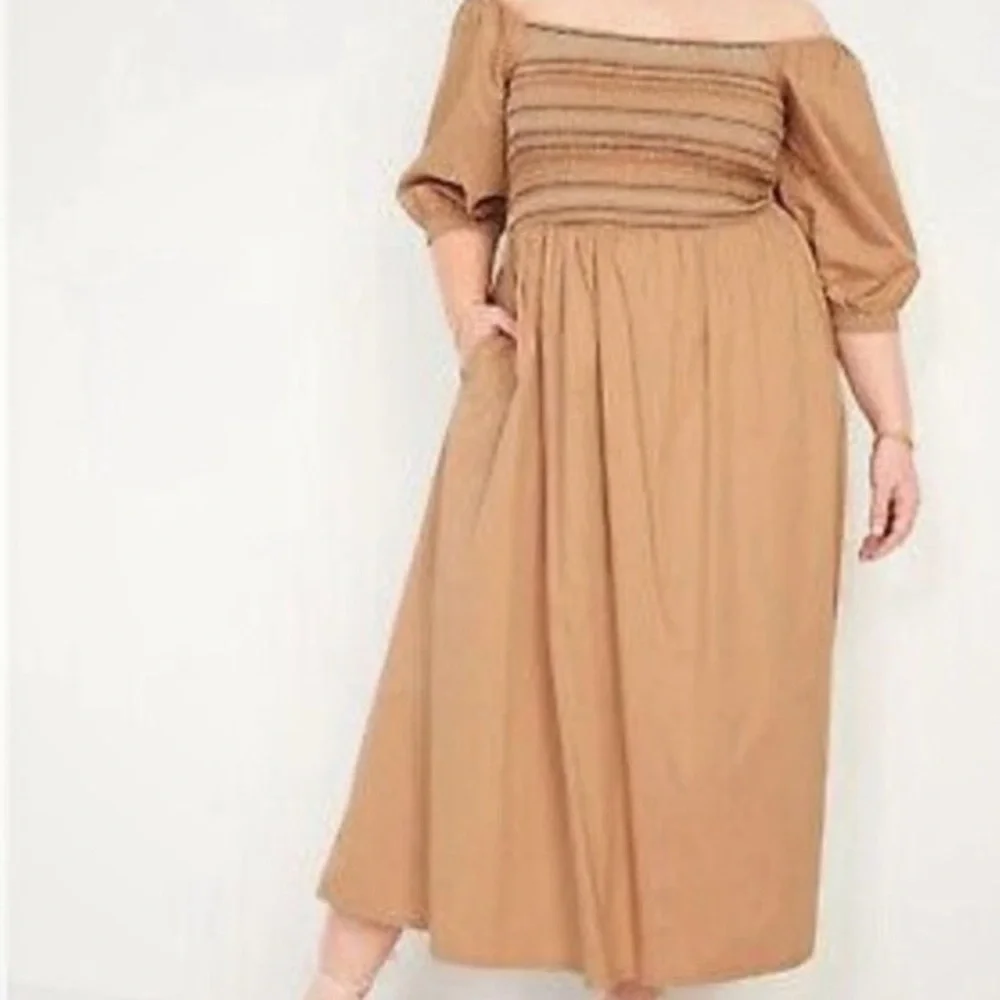 Old Navy Smocked Tan Puff Sleeve Fit Flare Off Shoulder Midi Dress Size L - Picture 2 of 9